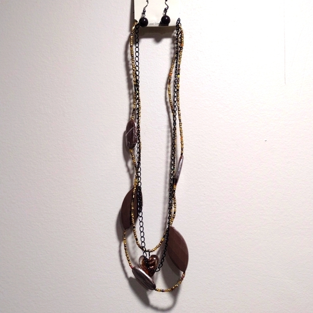 Women's Colorful Beads Black Chain Layered Necklace w/ Matching Earrings, 22+2"